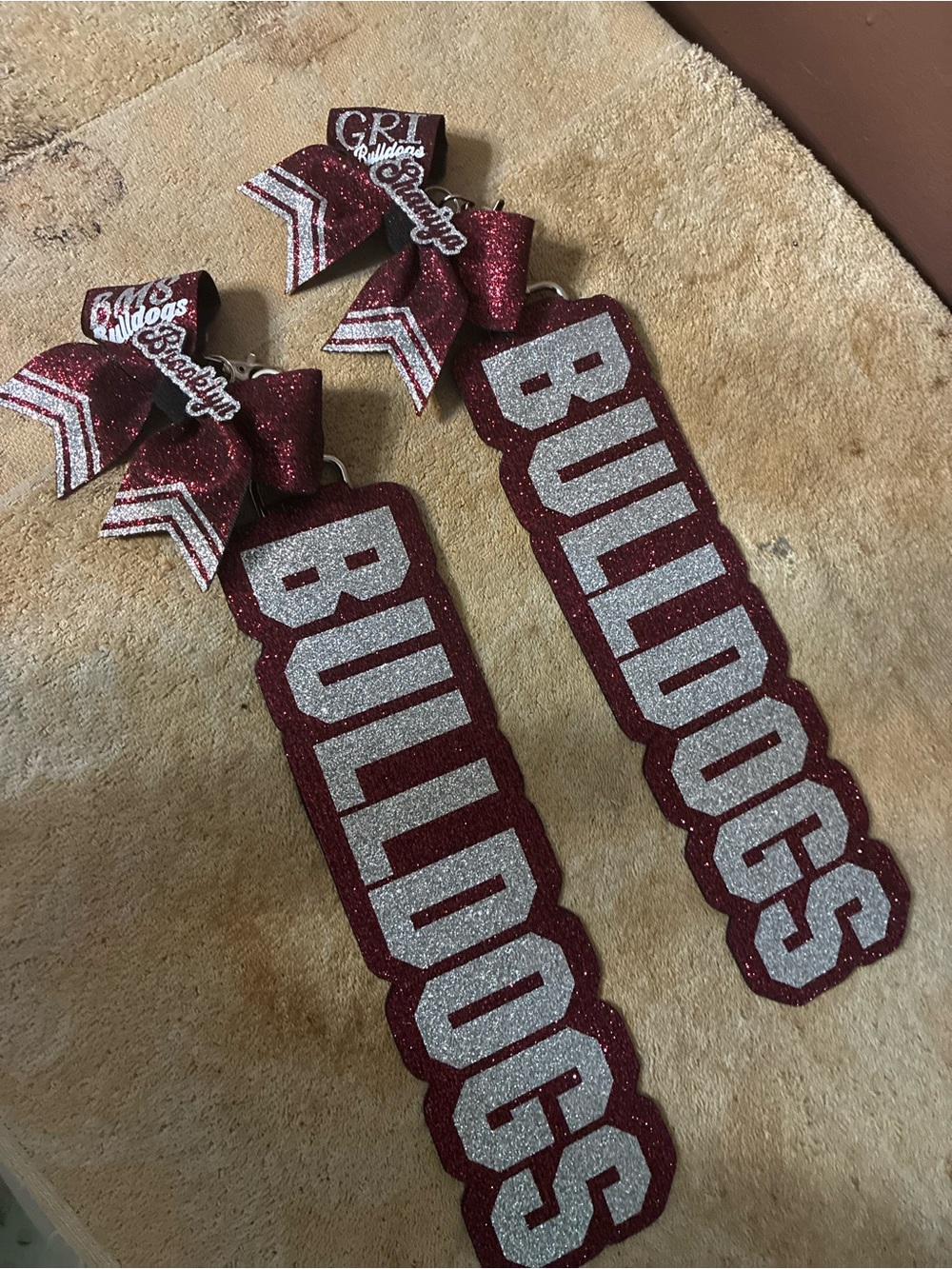 Bulldogs Glitter Cheer Bag Tags - Maroon and Silver